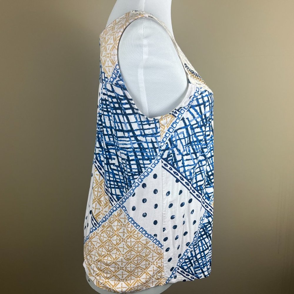 Loveappella Sleeveless Top Size S Blue Gold Cream, Geometric Patterns, Lace - Picture 3 of 8
